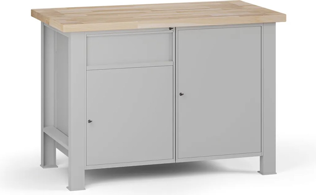 Dielenský pracovný stôl G7, buková škárovka, 1200 x 685 x 840 mm, 2x skrinka, 1 zásuvka, sivá