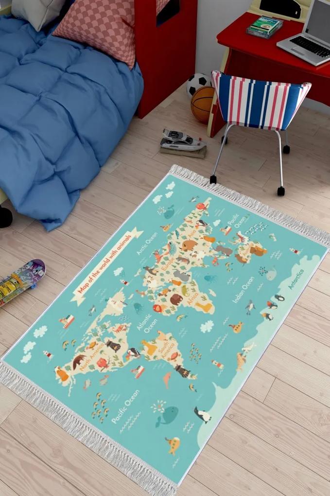 Detský koberček Mapa zvieracieho sveta 100x150 cm modrý