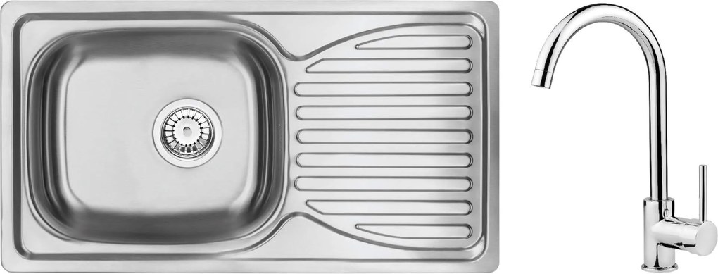 Deante Doppio, nerezový drez na dosku 1-komorový 780x430x160 3,5" + drezová batéria s ramenom typu "U" + sifón, vzor satén, ZENB0113