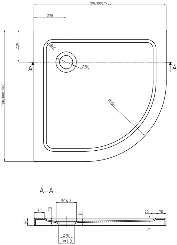 Mexen Rio, štvrťkruhový sprchovací kút s posuvnými dverami 70 x 70 cm, 6mm šedé sklo, chrómový profil + čierna sprchová vanička, 863-070-070-01-40-4170