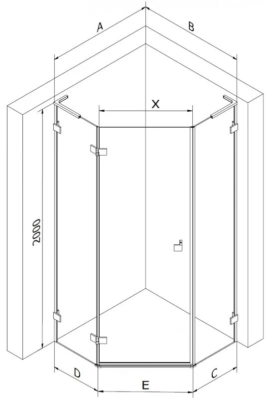 Mexen Lunar, L päťuholníkový sprchový kút naklápací doľava 100 x 90 cm, 8mm číre sklo, oceľový profil, 831L-100L-090P-97-00-L