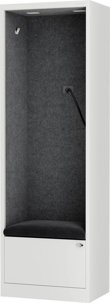 Kancelárska akustická kabína so sedadlom a portom USB-C, telo v biely / sedák tmavosivá v zelenej farbe, 600 mm: SALLY MentalBox