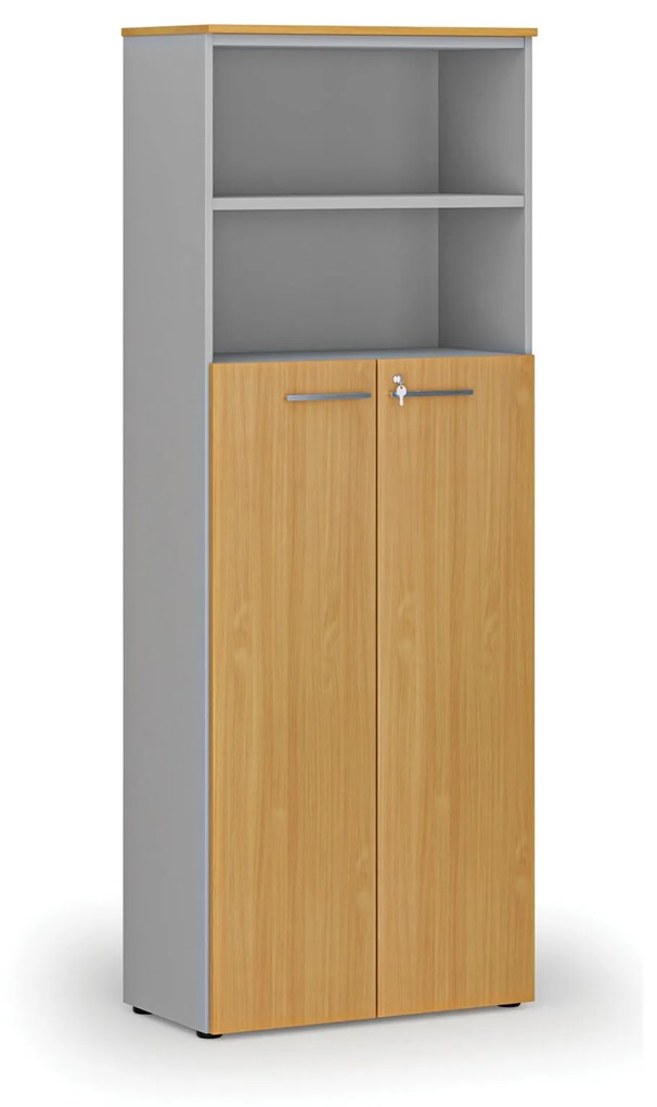 Kombinovaná kancelárska skriňa PRIMO GRAY, dvere na 4 poschodia, 2128 x 800 x 420 mm, sivá/buk