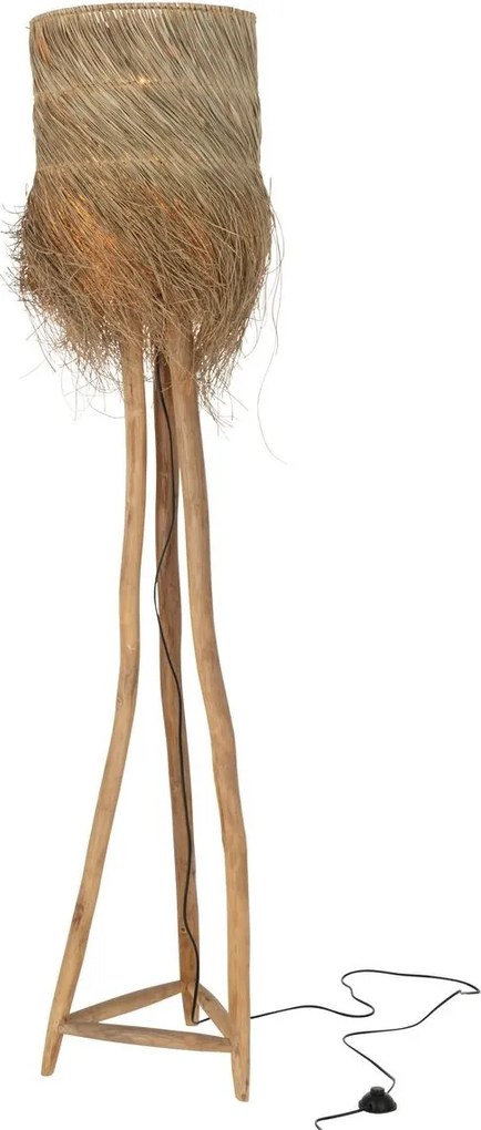Stojacia lampa z teakového dreva a tienidlom z trávy Rafi grass - Ø 42*175 cm/ E27/ 70W