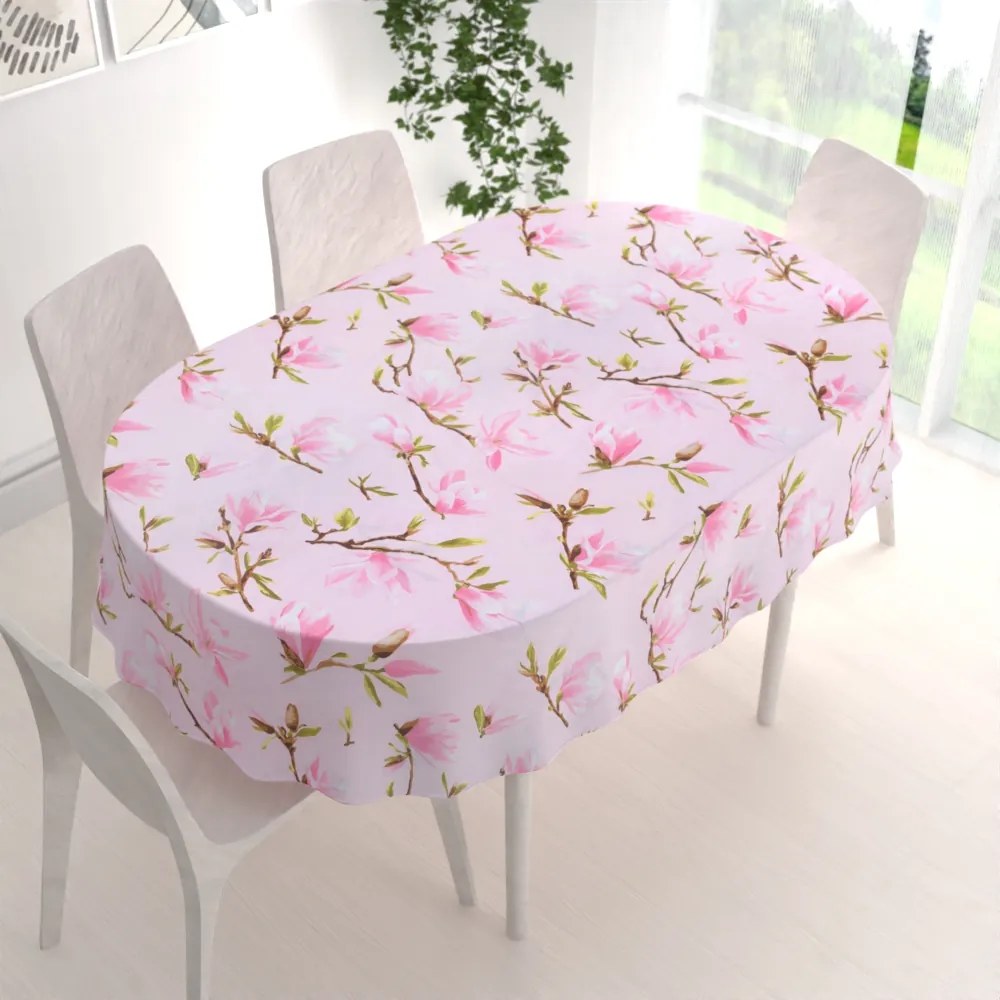 Biante Bavlnený oválny obrus Sandra SA-233 Kvety magnólie na ružovom 140x180 cm