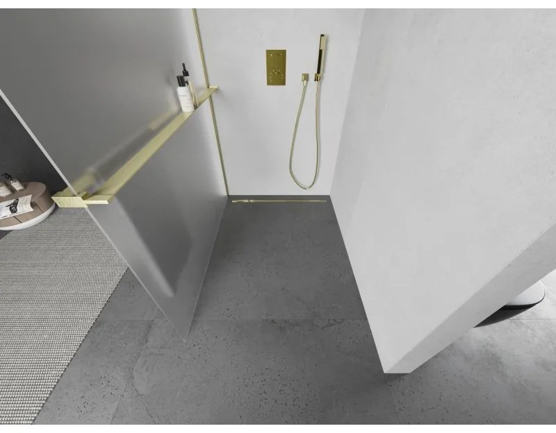 Mexen Kioto+, sprchová zástena Walk-In s poličkou a vešiakom 100 x 200 cm, 8mm sklo námraza, zlatý matný profil, 800-100-121-55-30