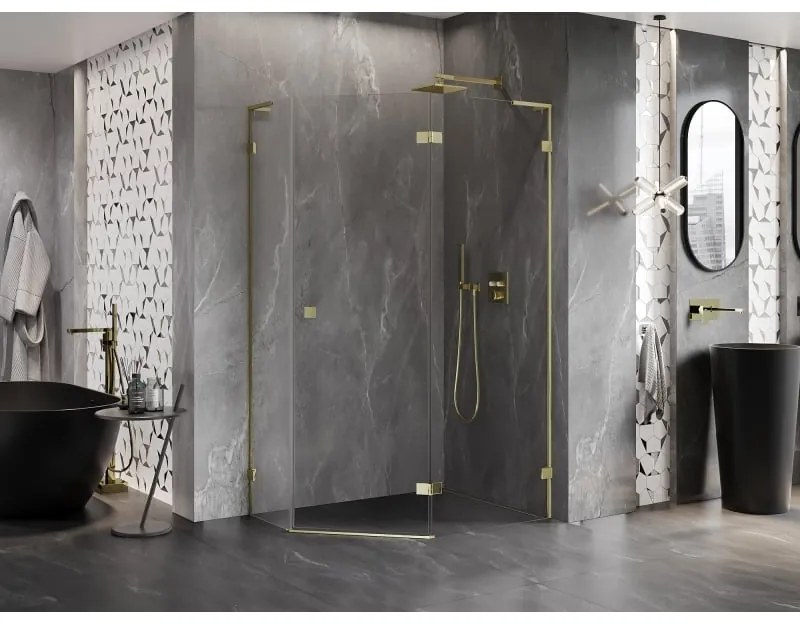 Mexen Lunar, L pravý výklopný päťuholníkový sprchový kút 100 x 80 cm, 8mm číre sklo, zlatý profil, 831L-100P-080L-50-00-P