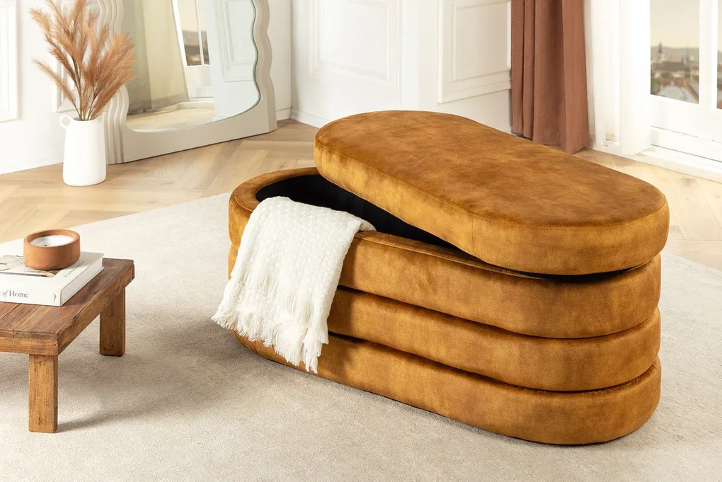 Dizajnová lavica s úložným priestorom MUSTARD VELVET 115 cm – štýlový box