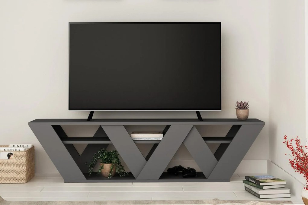 Industriálny TV stolík PIPRALLA 142 cm, MDF, antracit