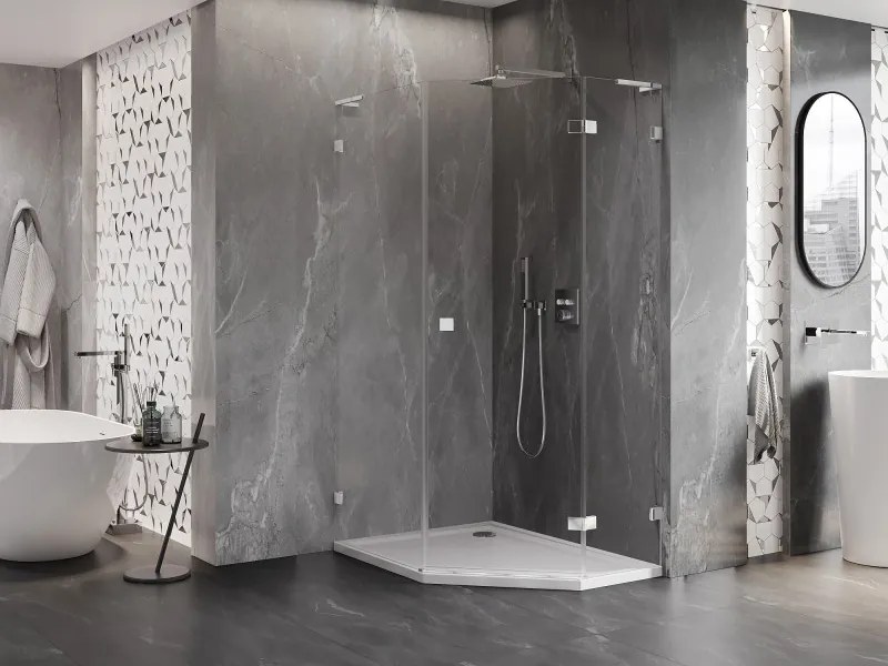 Mexen Lunar, L pravý výklopný päťuholníkový sprchový kút 90 x 100 cm, 8mm číre sklo, chrómový profil, 831L-090P-100L-01-00-P