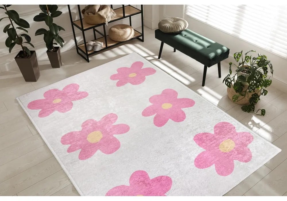 Ružový/slonovinový prateľný detský koberec 60x100 cm Cute Flowers Pink – Vitaus