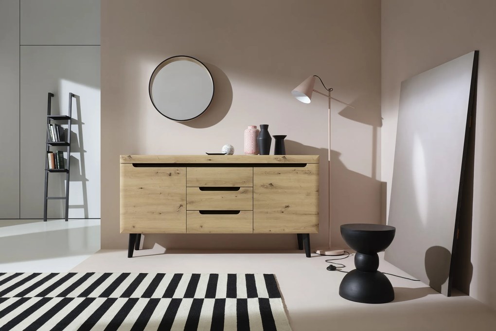 Komoda Nordi 160 cm so zásuvkami čierna/dub artisan