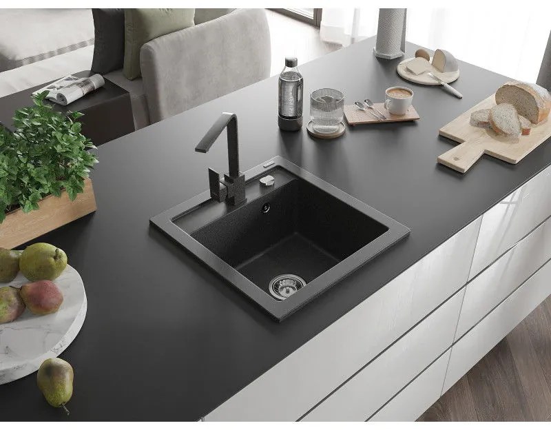 Mexen Vito, 1-komorový granitový drez 520x490x210 mm, čierna škvrnitá batéria Rita, čierna škvrnitá, 6503-76-670300-76