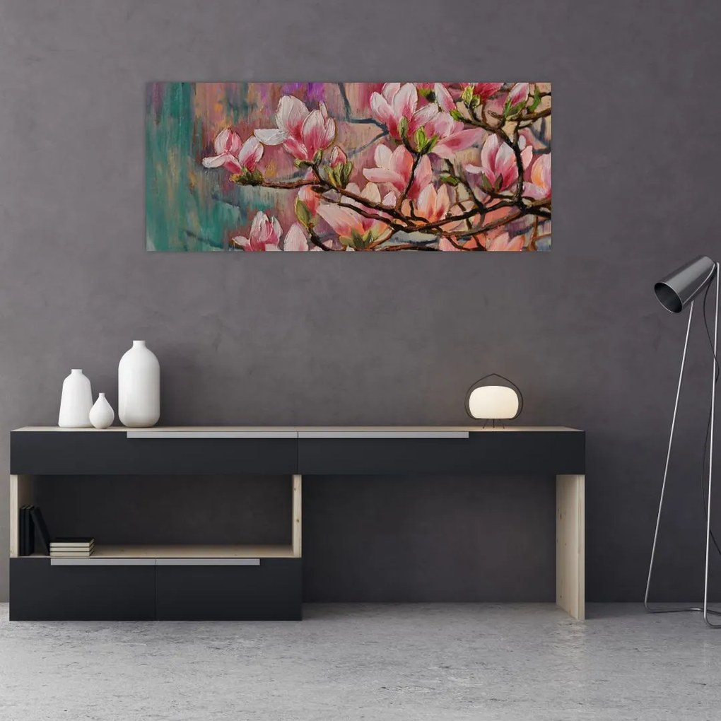 Obraz - Olejomaľba, Rozkvitnutá sakura (120x50 cm)