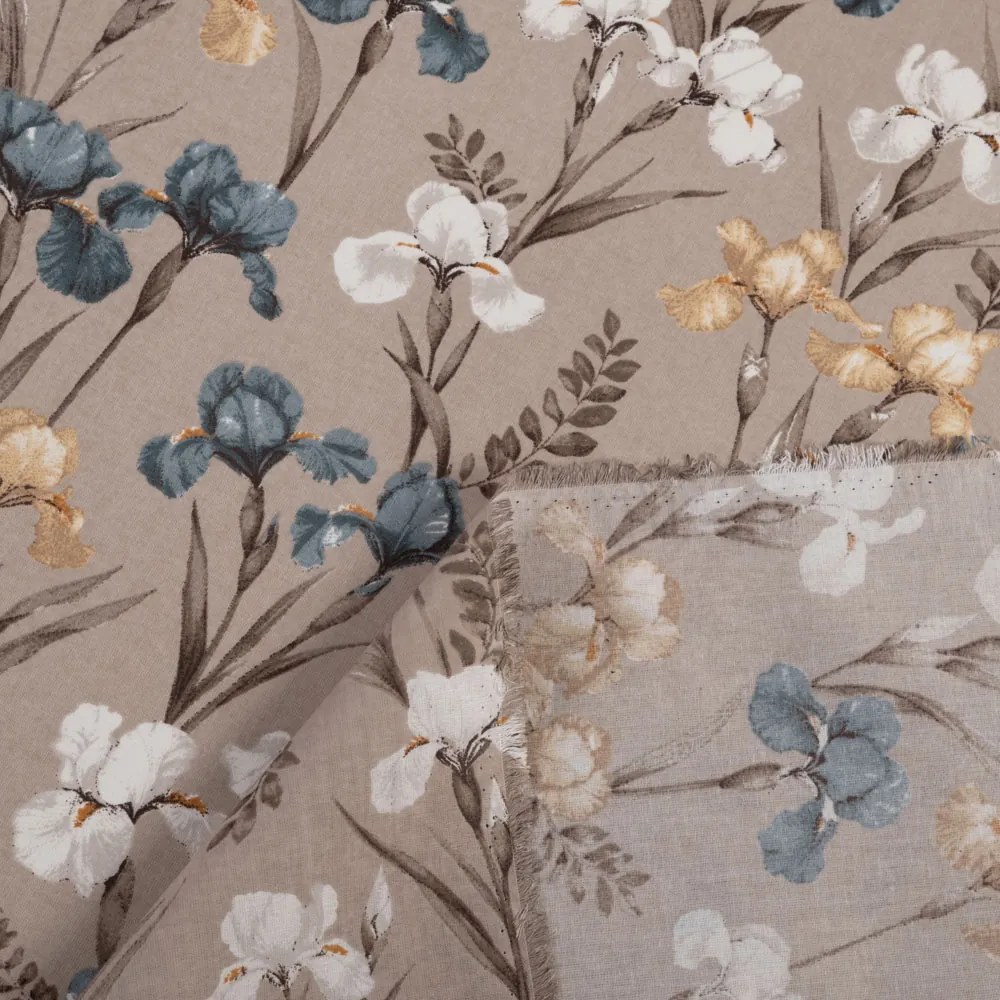 Biante Bavlnený záves Sandra SA-637 Modro-béžovo-biele kosatce na sivobéžovom 150x230 cm
