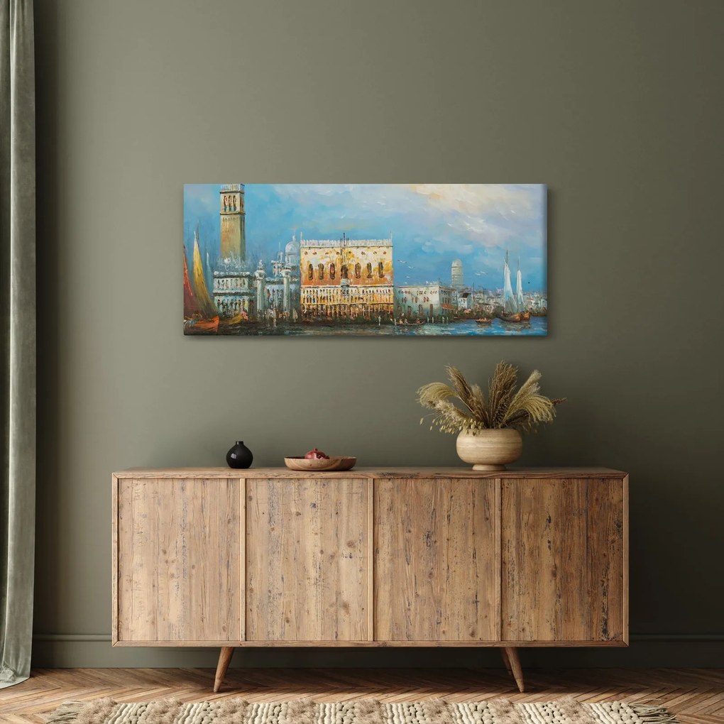 Obraz - Gondola prechádzajúca Benátkami, olejomaľba (120x50 cm)
