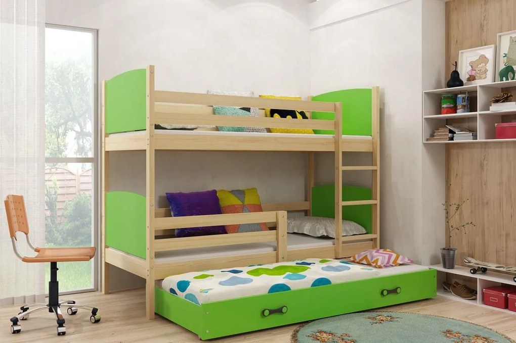 Poschodová posteľ s prístelkou TAMI 3 - 200x90cm - BOROVICA - ZELENÁ