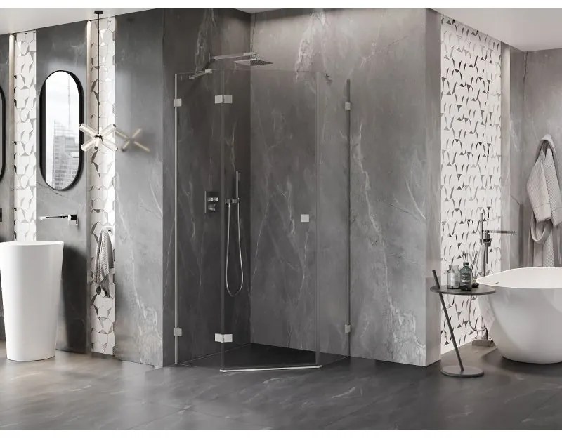 Mexen Lunar, päťuholníkový sprchový kút naklápací doľava 90 x 90 cm, 8mm číre sklo, oceľový profil, 831-090L-090P-97-00-L