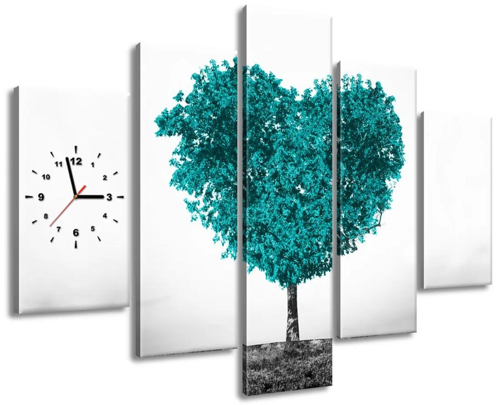 Gario Obraz s hodinami Tyrkysový strom lásky - 5 dielny Rozmery: 150 x 105 cm
