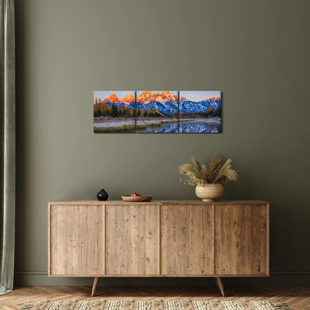 Obraz zasnežených horských štítov (s hodinami) (90x30 cm)