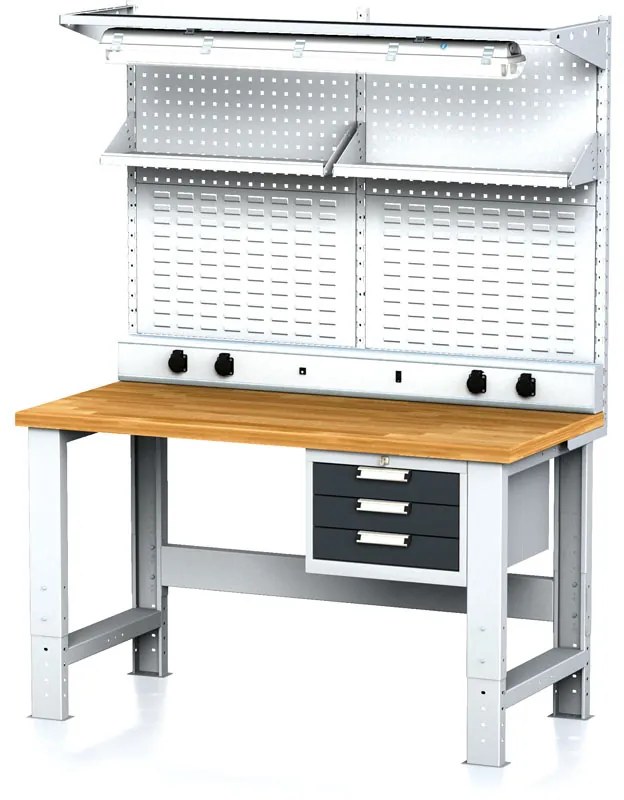 Alfa 3 Nastaviteľný dielenský stôl MECHANIC I + závesný box, nadstavba, polica, el. zásuvky a osvetlenie, 3 zásuvky, 1500x685x700-1055 mm, antracit