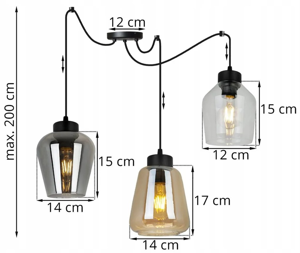 Závesné svietidlo RIJEKA SPIDER 3, 3x sklenené tienidlo (mix 3 farieb)