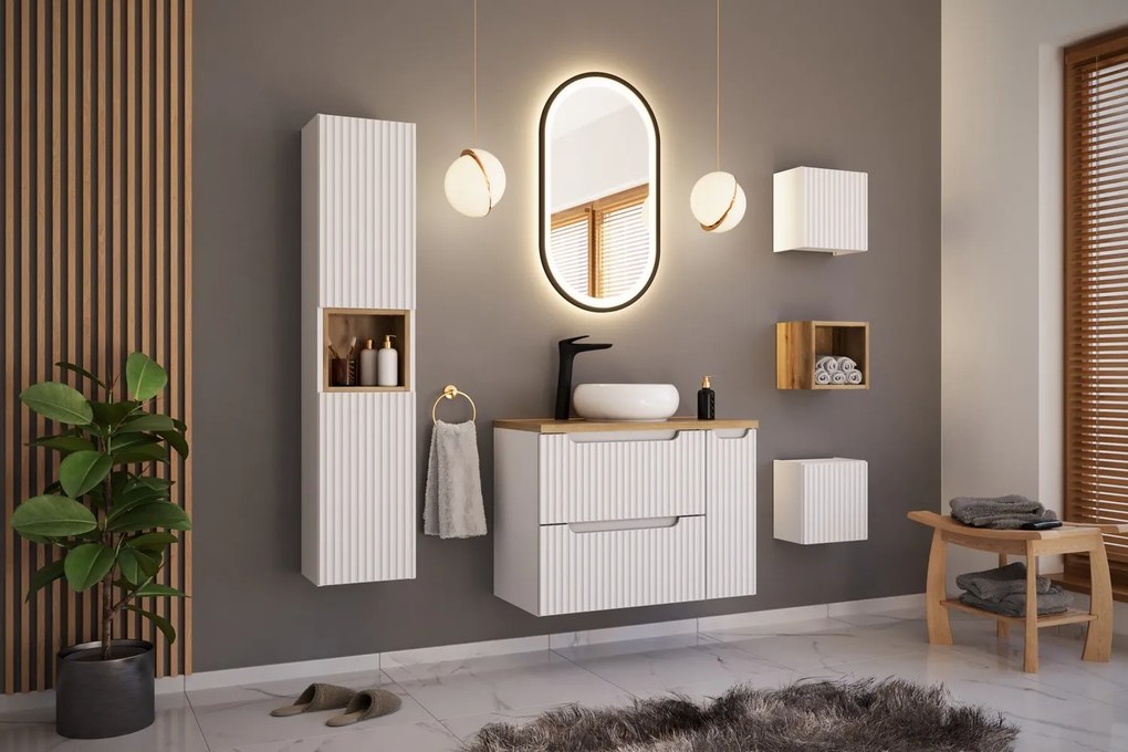 Kúpeľňová skrinka s košom na bielizeň Capri 811 1D biely lesk/dub kraft zlatý