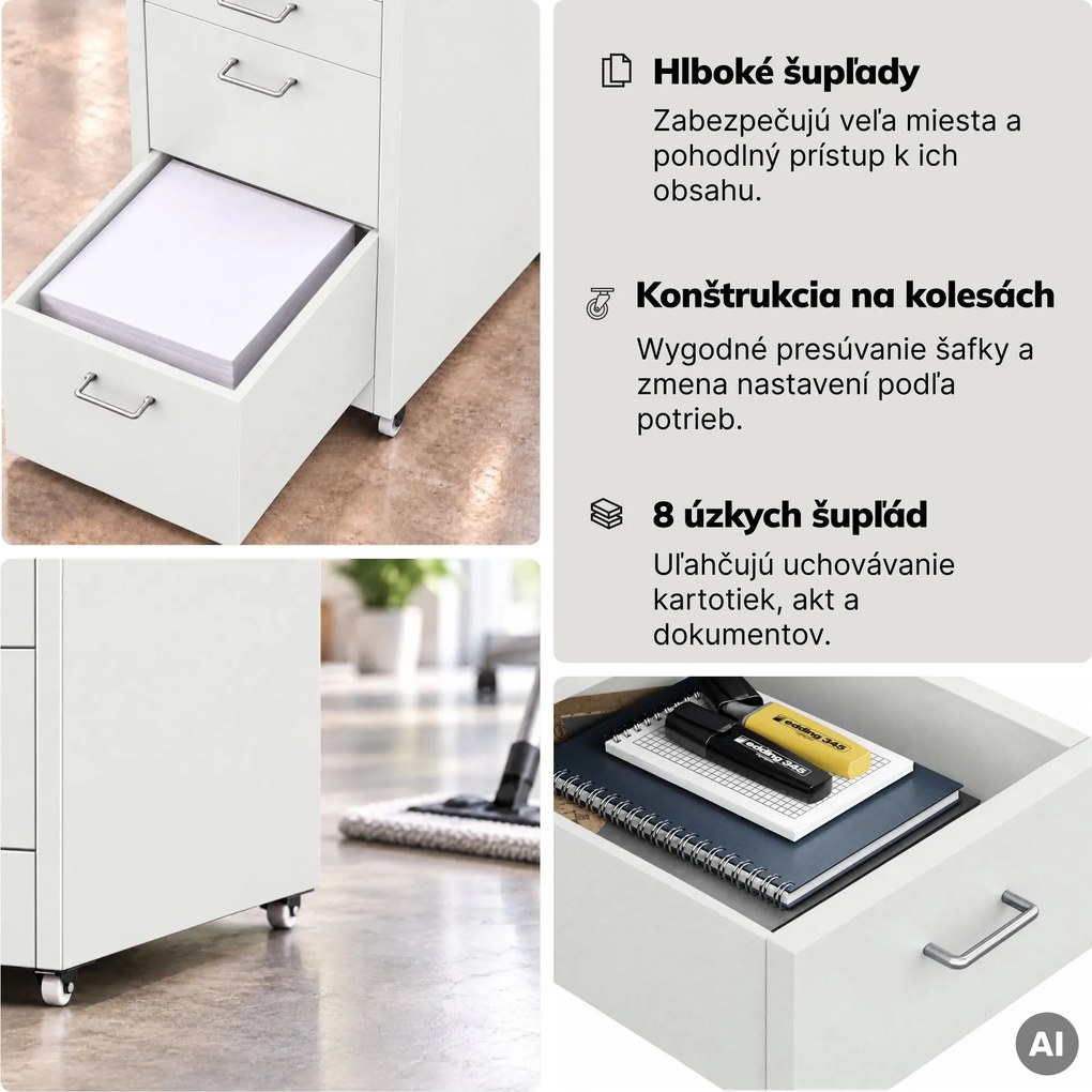 Kartotéková skrinka na kolieskach, kovová, 8 zásuviek, na dokumenty, biela, 300x1100x600 mm: SARA V8
