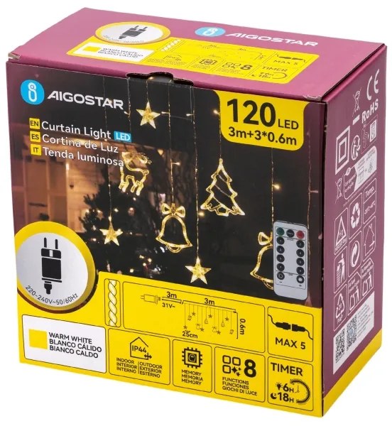 Aigostar - LED vonkajší vianočný reťazec 120xLED/6W/230V/8 funkcií 3x0,6m IP44 teplá biela + diaľkové ovládanie