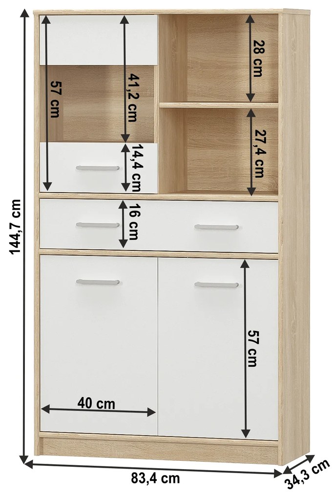 Kondela Vitrína 2D1W1S/80, biela/dub sonoma, TEYO