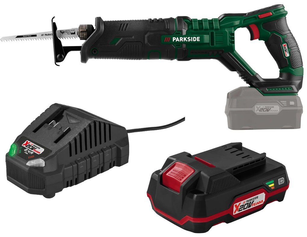 Parkside®  Aku chvostová píla 20 V Pssa 20-Li B2 + Akumulátor 20 V/2 Ah PAP 20 B1 + Nabíjačka na akumulátor 20 V/2,4 A PLG 20 C1  (800011528)