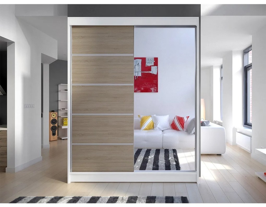 Šatníková skriňa Belgia III, Farby: čierna / biela + zrkadlo, Osvetlenie: osvetlenie LED RGB - farebné