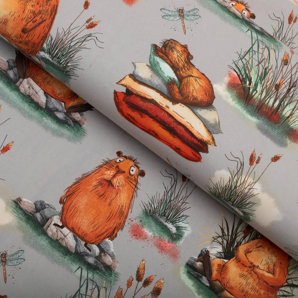 Biante Detský bavlnený obdĺžnikový obrus Sandra SA-711 Kapybary na sivom 100x140 cm