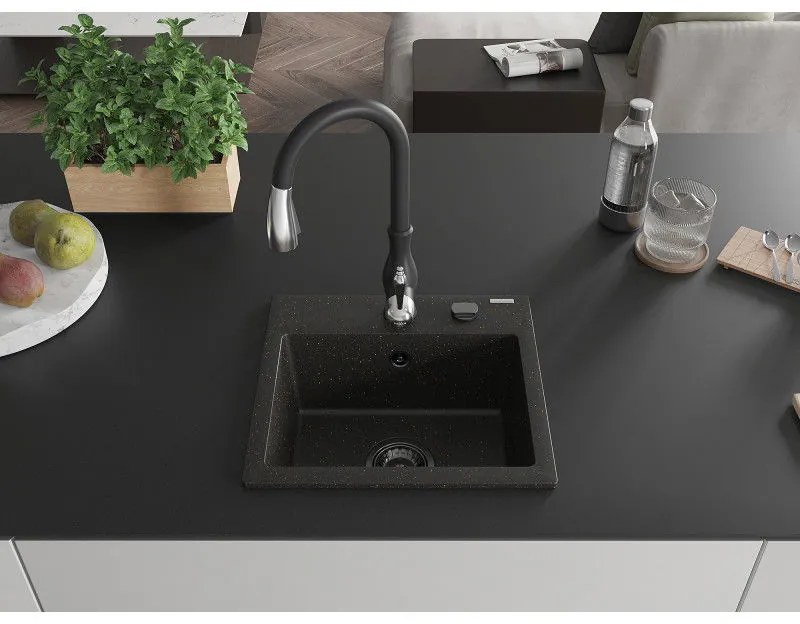 Mexen Milo, 1-komorový granitový drez 435x410x171 mm a drezová batéria Savita, čierna-zlatá metalíza, 6505-75-672601-70-B