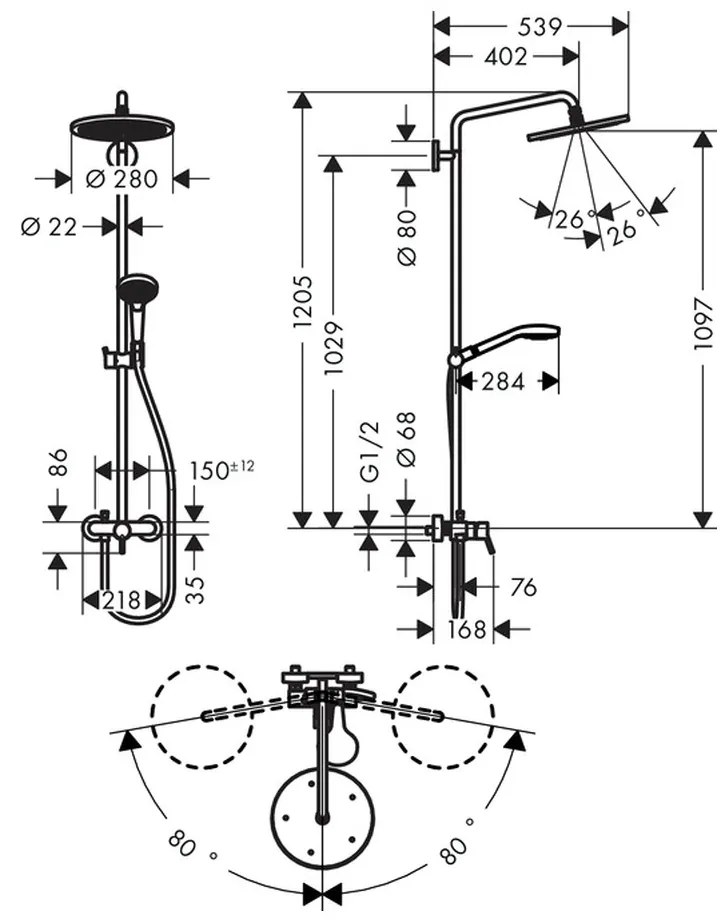 Hansgrohe Croma Select S - Showerpipe 280 1jet s pákovou batériou, chróm 26791000