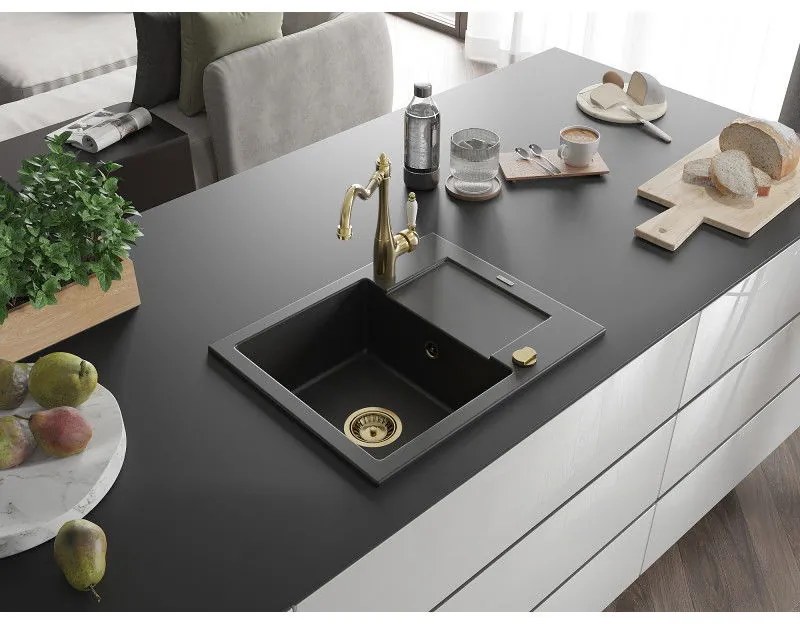 Mexen Enzo, granitový drez 576x465x174 mm, 1-komorový a drezová batéria Carla, čierna, 6506-77-670700-50
