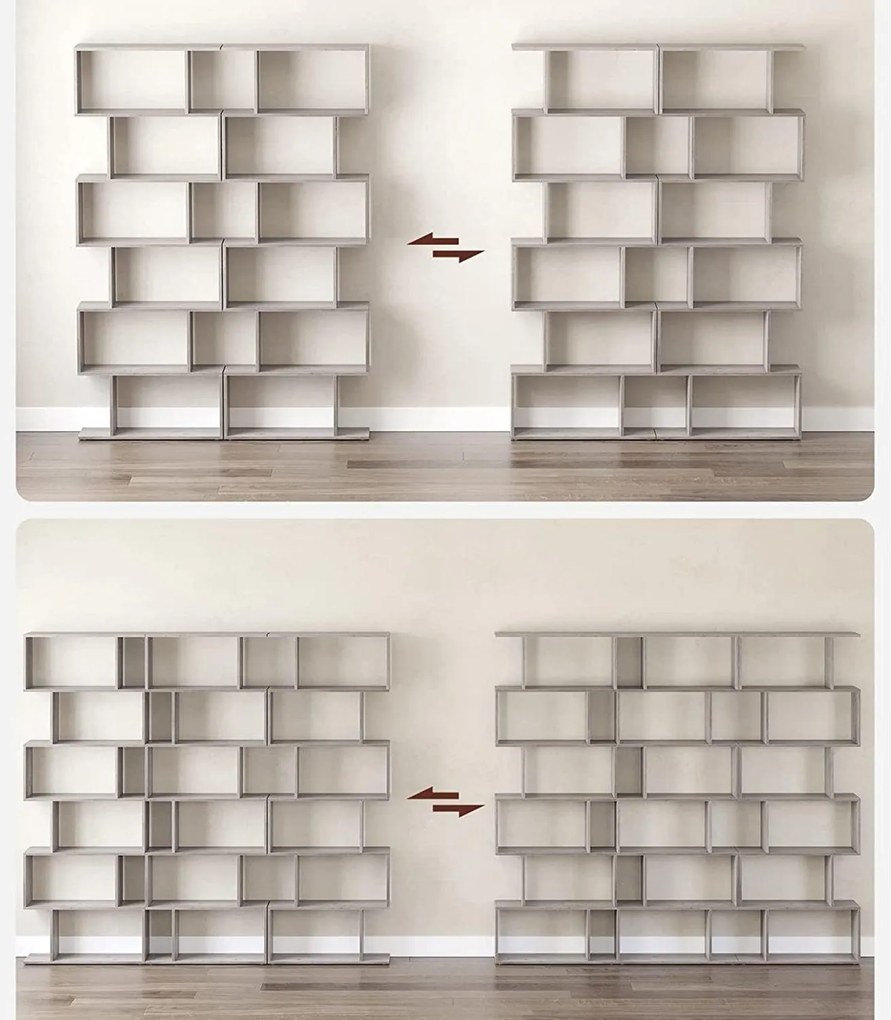 Knižnica, voľne stojaca dekoratívna polica so 6 úrovňami, greige sivá