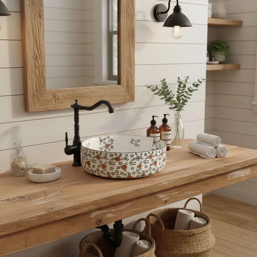 Rea Stefania Fiori, umývadlo na dosku 360x360x120 mm, biela so vzorom, REA-U9853