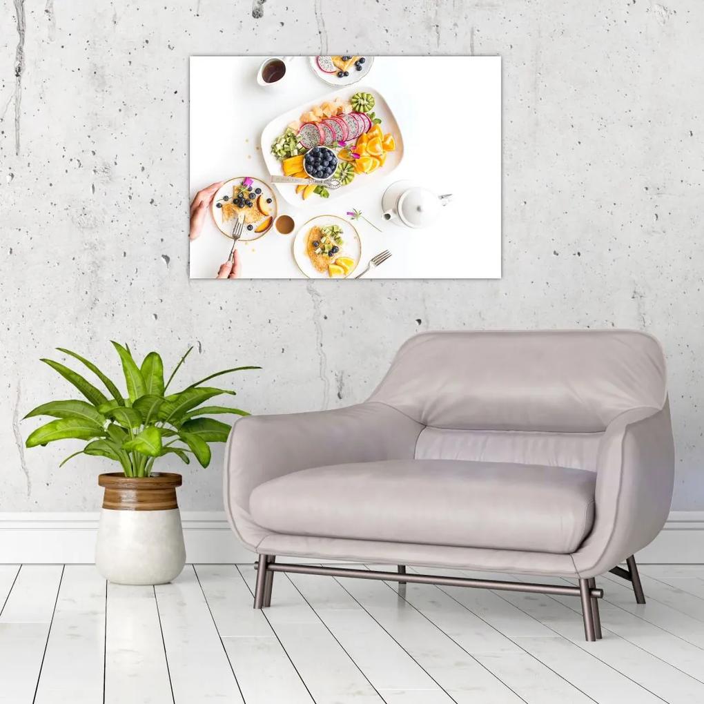 Sklenený obraz tanierov s ovocím na stole (70x50 cm)