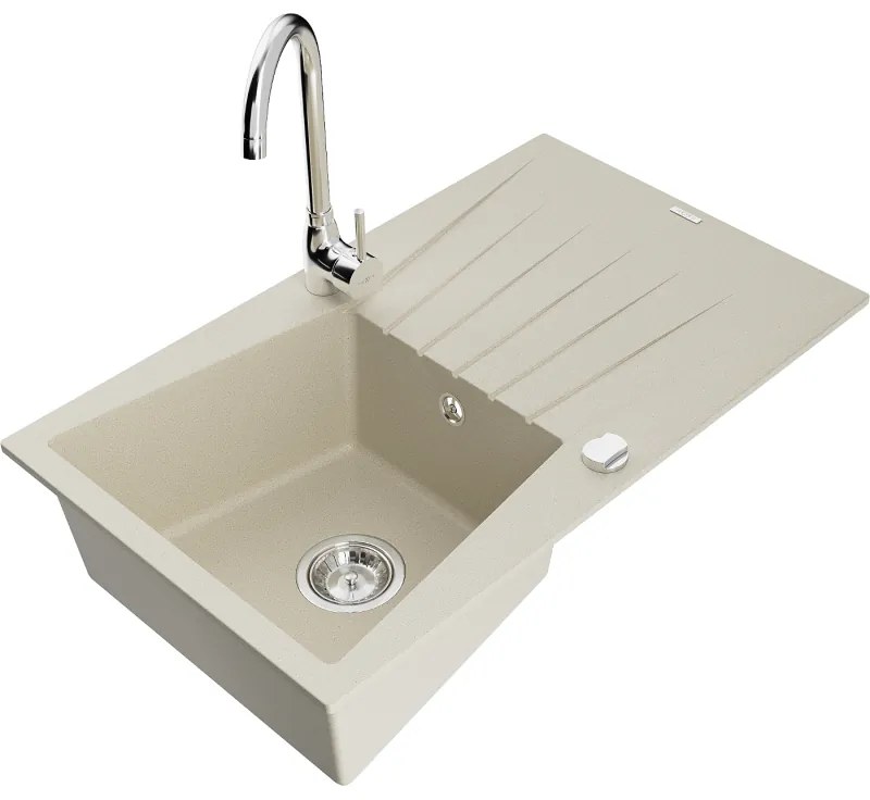 Mexen Cesar, granitový drez 775x470x190 mm, 1-komorový, béžová s chrómovým sifónom a chrómová drezová batéria Telma, 6514-69-670200-00