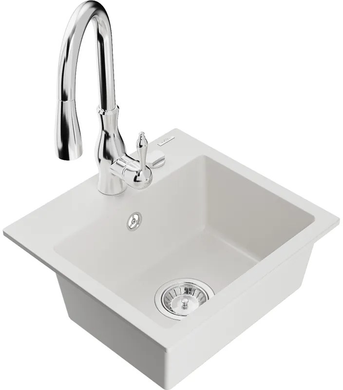 Mexen Milo, 1-komorový granitový drez 435x410x171 mm a drezová batéria Savita, biela, 6505-20-672601-00