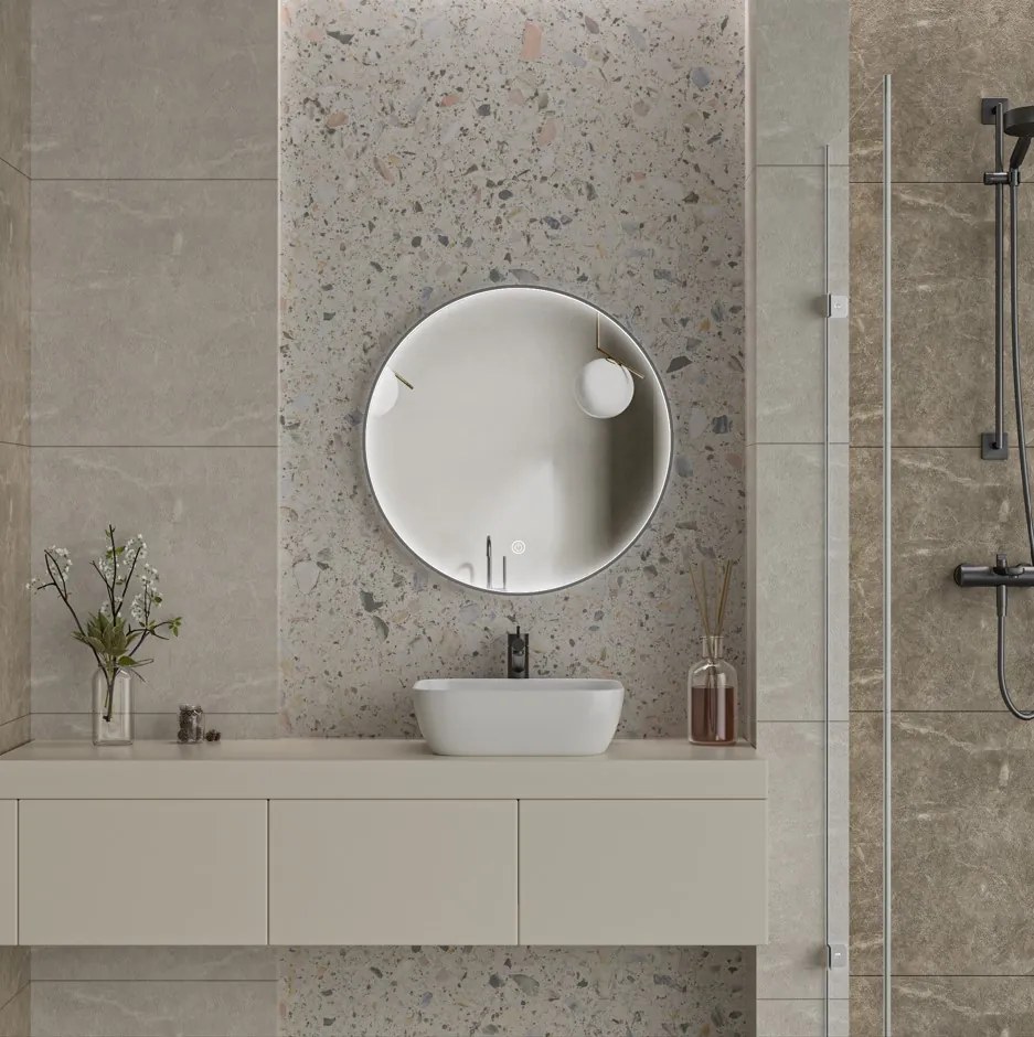 Erga Charlotte, okrúhle LED zrkadlo 70cm, čierny kovový rám, 1610 lm, 6500K, predné bočné osvetlenie, ERG-V01-204-7070-BK