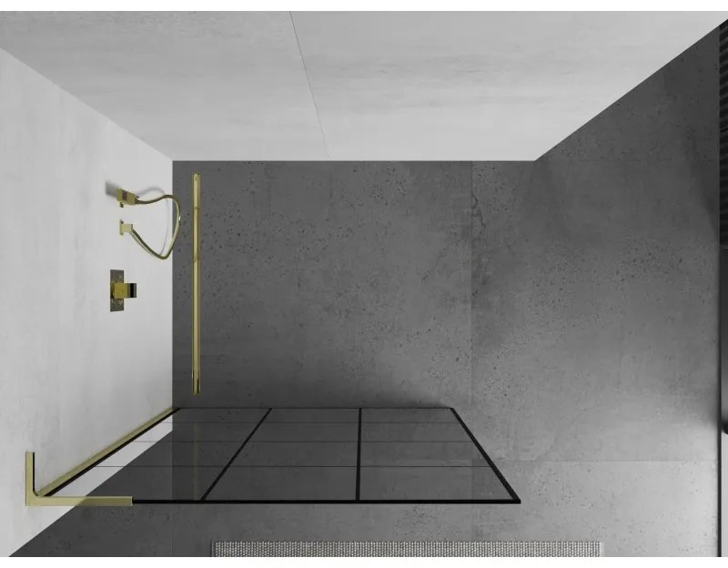Mexen Kioto L, sprchová zástena Walk-In 120 x 200 cm, 8mm číre sklo čierny vzor, zlatý lesklý profil,800-120-103-50-77