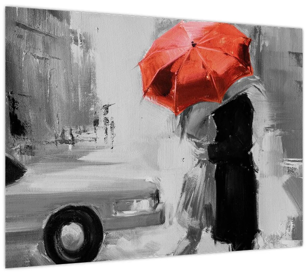 Obraz - Zamilovaný pár pod dáždnikom, červený (70x50 cm)