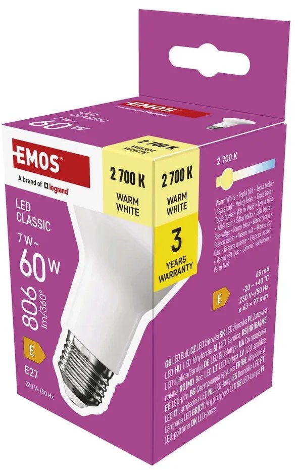 Teplá biela LED žiarovka E27, 7 W – EMOS