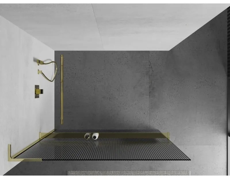 Mexen Kioto+ L, sprchová zástena Walk-In s poličkou a vešiakom 120 x 200 cm, 8mm sklo s rebrovým vzorom, zlatý lesklý profil,800-120-123-50-09