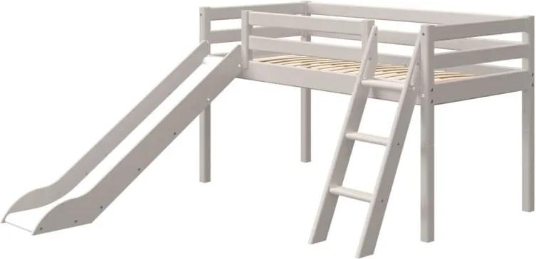 Sivá detská posteľ z borovicového dreva s rebríkom a šmýkačkou Flexa Classic, výška 120 cm