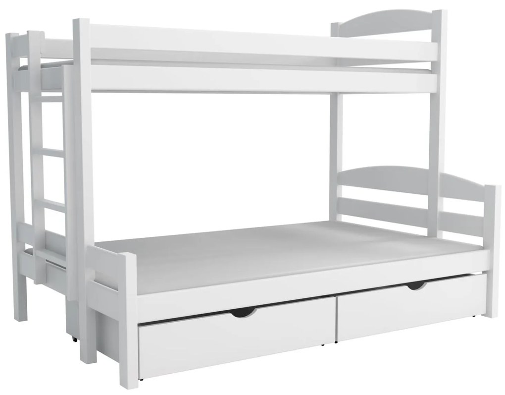 Detská poschodová posteľ z masívu borovice s rozšíreným spodným lôžkom SAVANA so šuplíkmi - 200x90/140 cm - BIELA