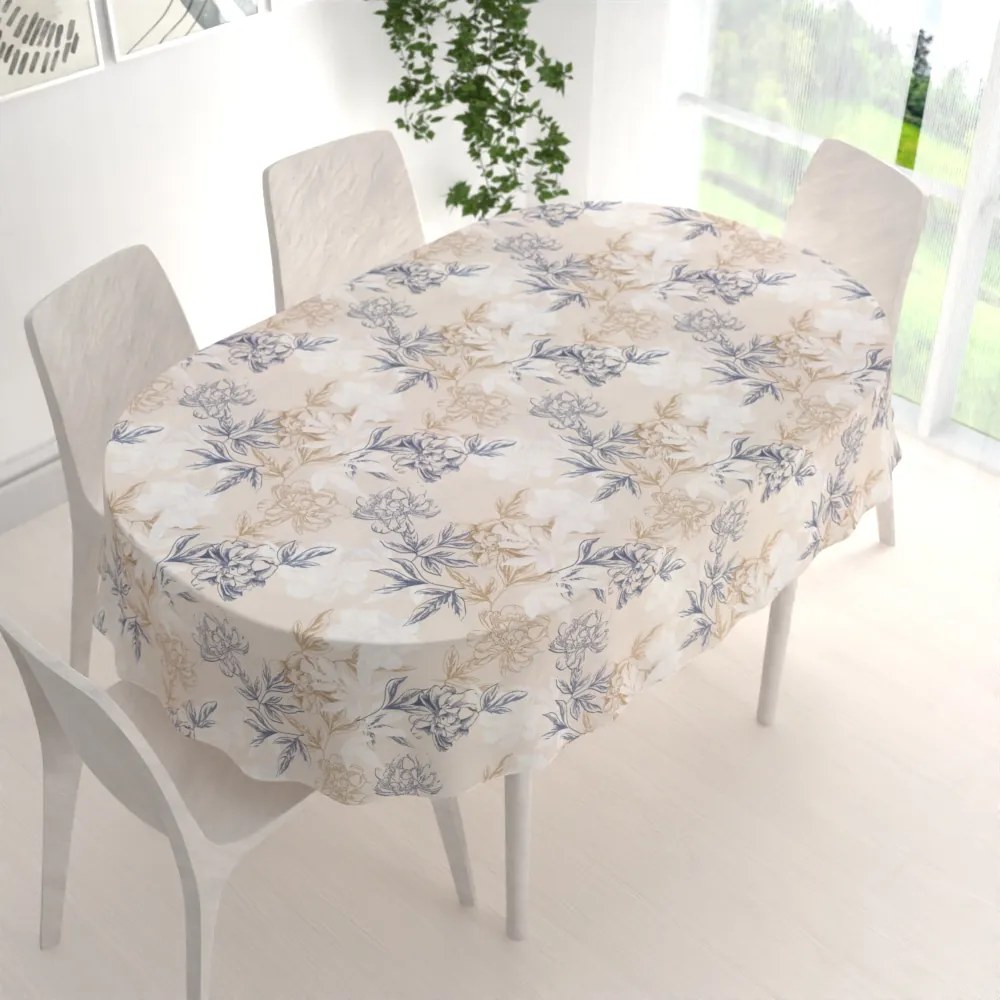 Biante Dekoračný oválny obrus PML-058 Kvetinová perokresba na svetlo béžovom 140x180 cm