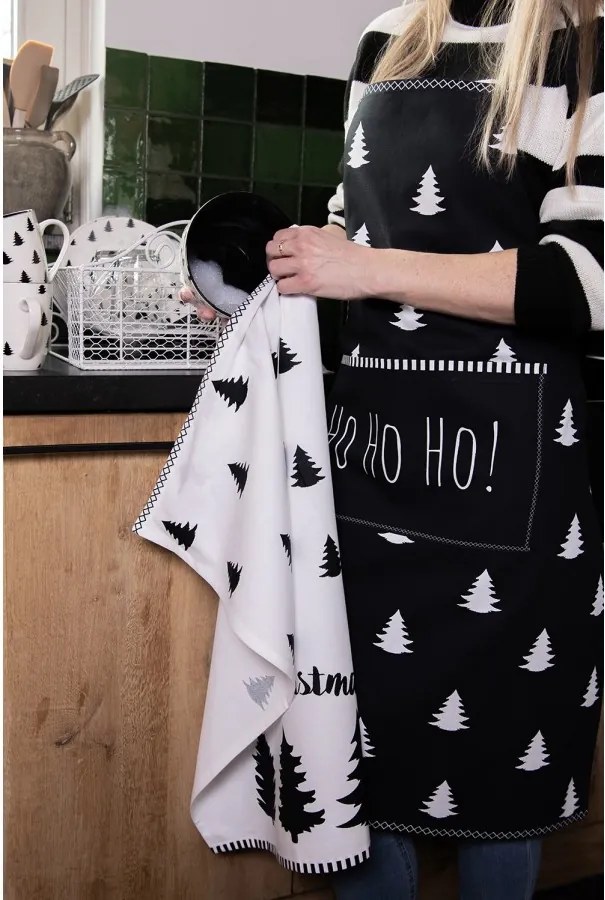 Čierna bavlnená zástera so stromčekmi Black&White X-Mas - 70*85 cm